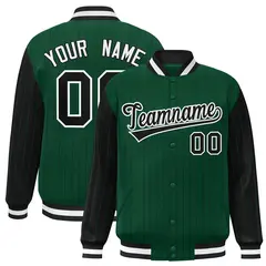 Green Black Pinstripe Raglan Full-Snap Letterman Baseball Jacket
