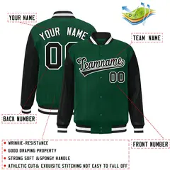 Green Black Pinstripe Raglan Full-Snap Letterman Baseball Jacket 2