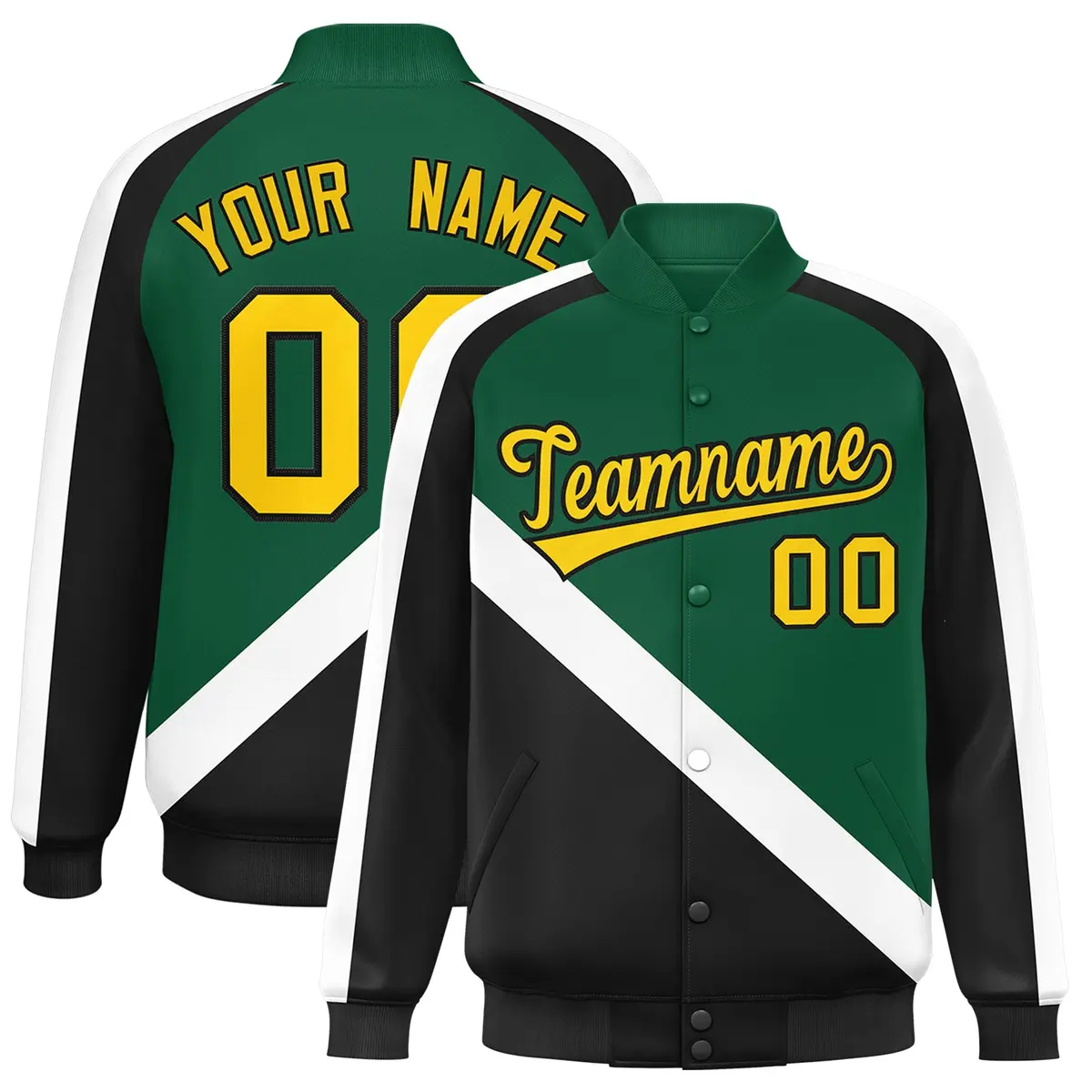 Green Black Raglan Full-Snap Letterman Baseball Jacket