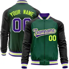 Green Black Raglan Full-Zip Letterman Baseball Jacket