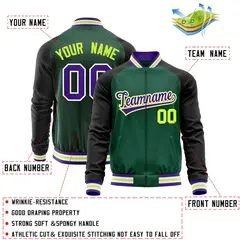 Green Black Raglan Full-Zip Letterman Baseball Jacket 4