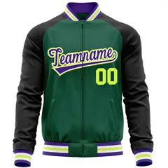 Green Black Raglan Full-Zip Letterman Baseball Jacket 5