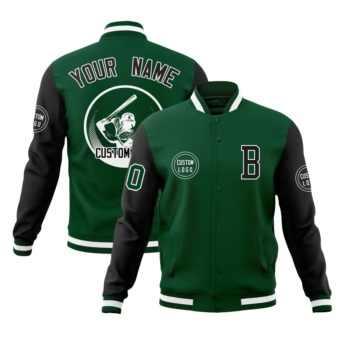 Green Black Raglan Sleeves Full-Snap Varsity Letterman Baseball Jacket