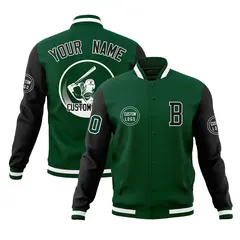 Green Black Raglan Sleeves Full-Snap Varsity Letterman Baseball Jacket