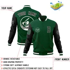 Green Black Raglan Sleeves Full-Snap Varsity Letterman Baseball Jacket 4
