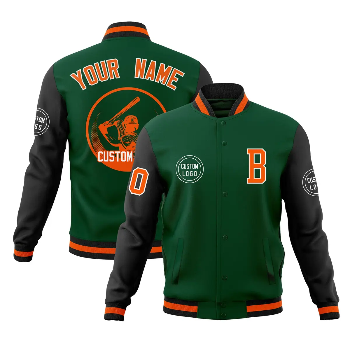 Green Black Raglan Sleeves Full-Snap Varsity Letterman Baseball Jacket