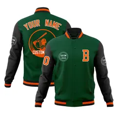 Green Black Raglan Sleeves Full-Snap Varsity Letterman Baseball Jacket 1