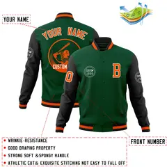 Green Black Raglan Sleeves Full-Snap Varsity Letterman Baseball Jacket 4