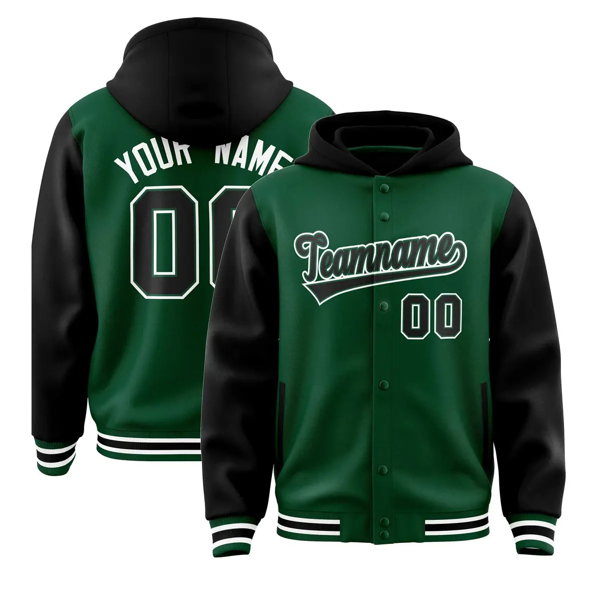 Green Black Raglan Two Tone Full-Snap Varsity Letterman Jacket Hoodie