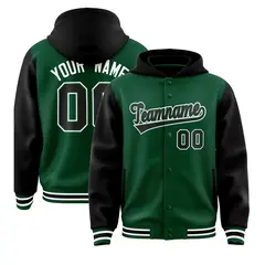 Green Black Raglan Two Tone Full-Snap Varsity Letterman Jacket Hoodie