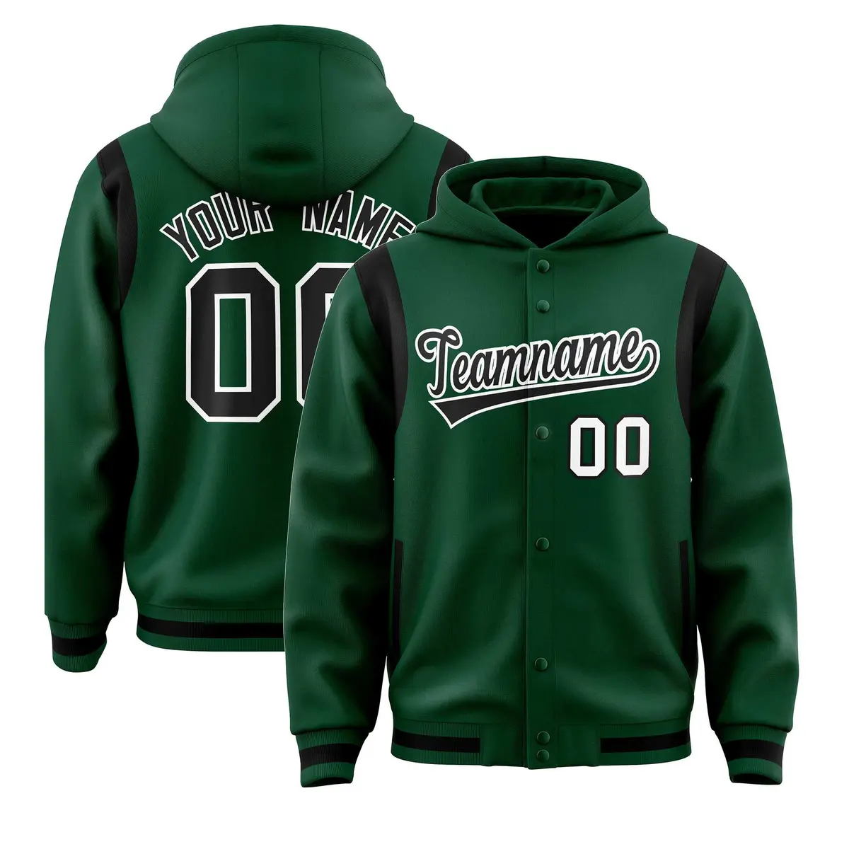 Green Black Shoulder Color Block Varsity Full-Snap Letterman Jacket Hoodie