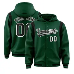 Green Black Shoulder Color Block Varsity Full-Snap Letterman Jacket Hoodie