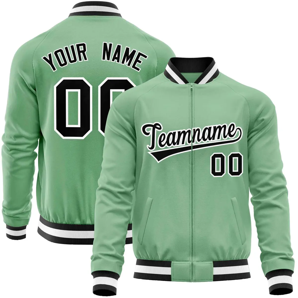 Green Black Varsity Full-Zip Letterman Baseball Jacket
