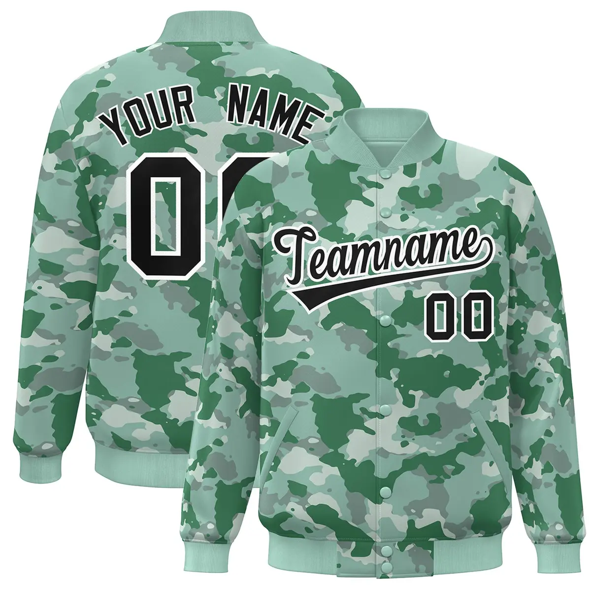 Green Black-White Camo Varsity Letterman Bomber Jacket