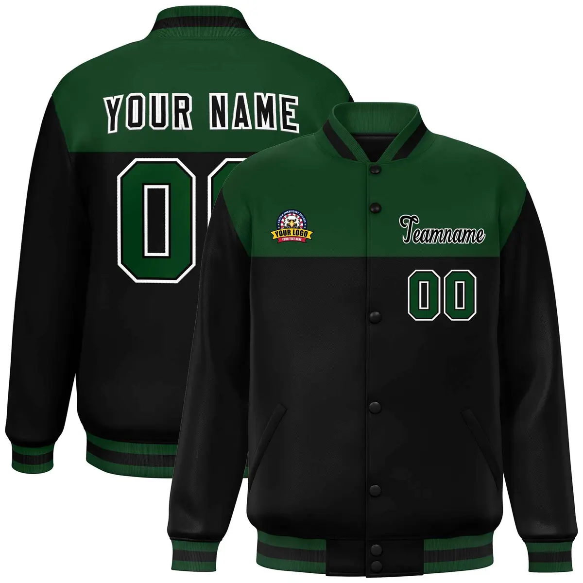 Green Black-White Color Block Lettermen Baseball Jacket