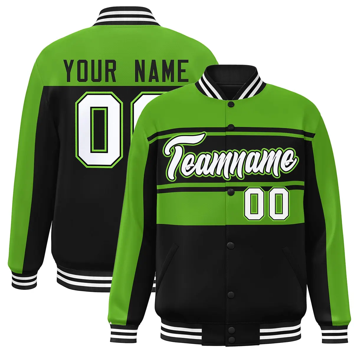 Green Black-White Color Block Varsity Full-Snap Bomber Jacket