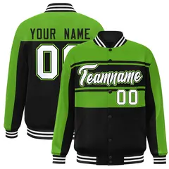 Green Black-White Color Block Varsity Full-Snap Bomber Jacket