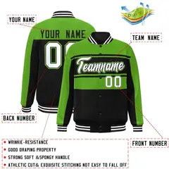 Green Black-White Color Block Varsity Full-Snap Bomber Jacket 2