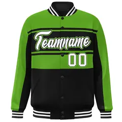 Green Black-White Color Block Varsity Full-Snap Bomber Jacket 3