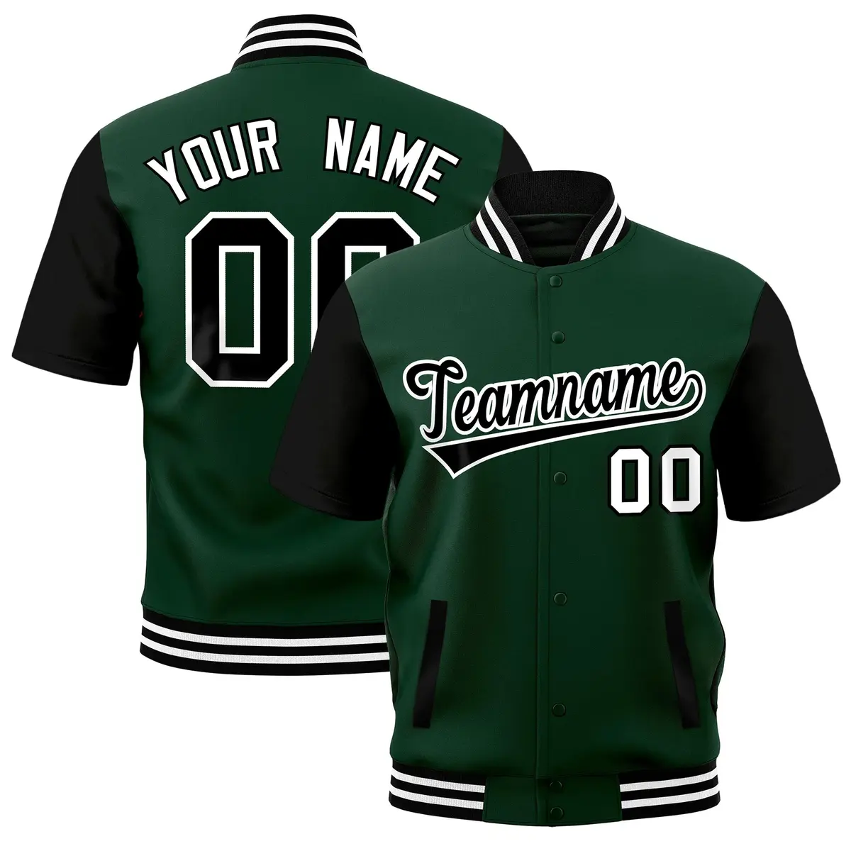 Green Black White Full-Snap Short Sleeve Varsity Jacket