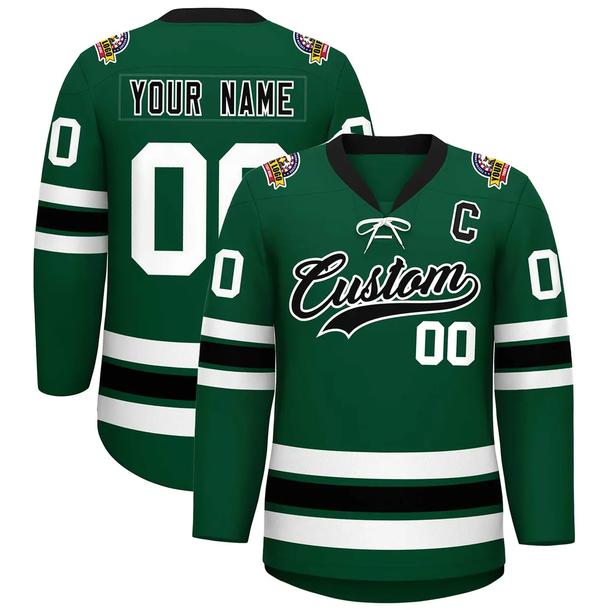 Green Black-White Lace-Up Neck Hockey Jersey