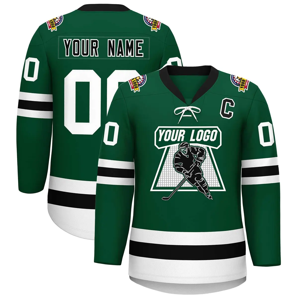 Green Black-White Lace-Up Neck Hockey Jersey