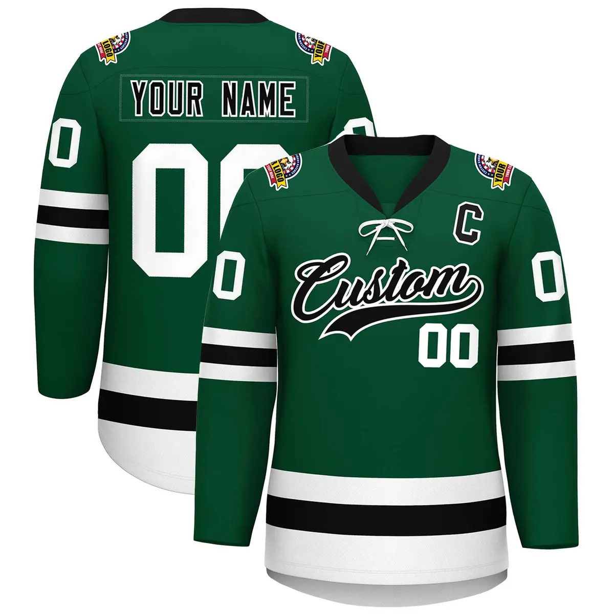 Green Black-White Lace-Up Neck Hockey Jersey