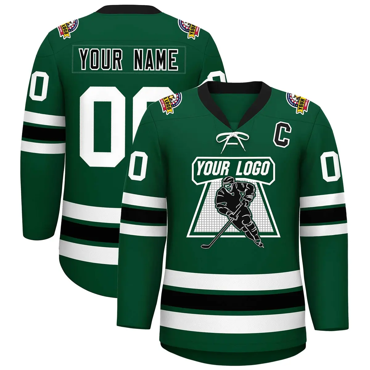 Green Black-White Lace-Up Neck Hockey Jersey