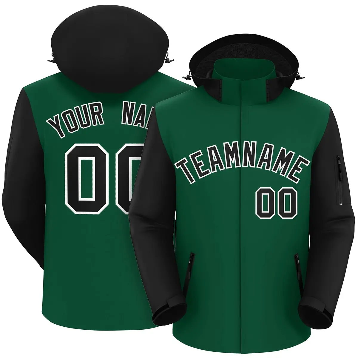 Green Black-White Raglan Sleeves Waterproof Jacket