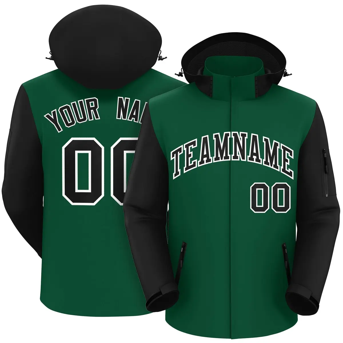 Green Black-White Raglan Sleeves Waterproof Jacket