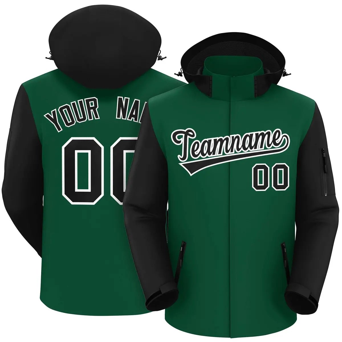 Green Black-White Raglan Sleeves Waterproof Jacket