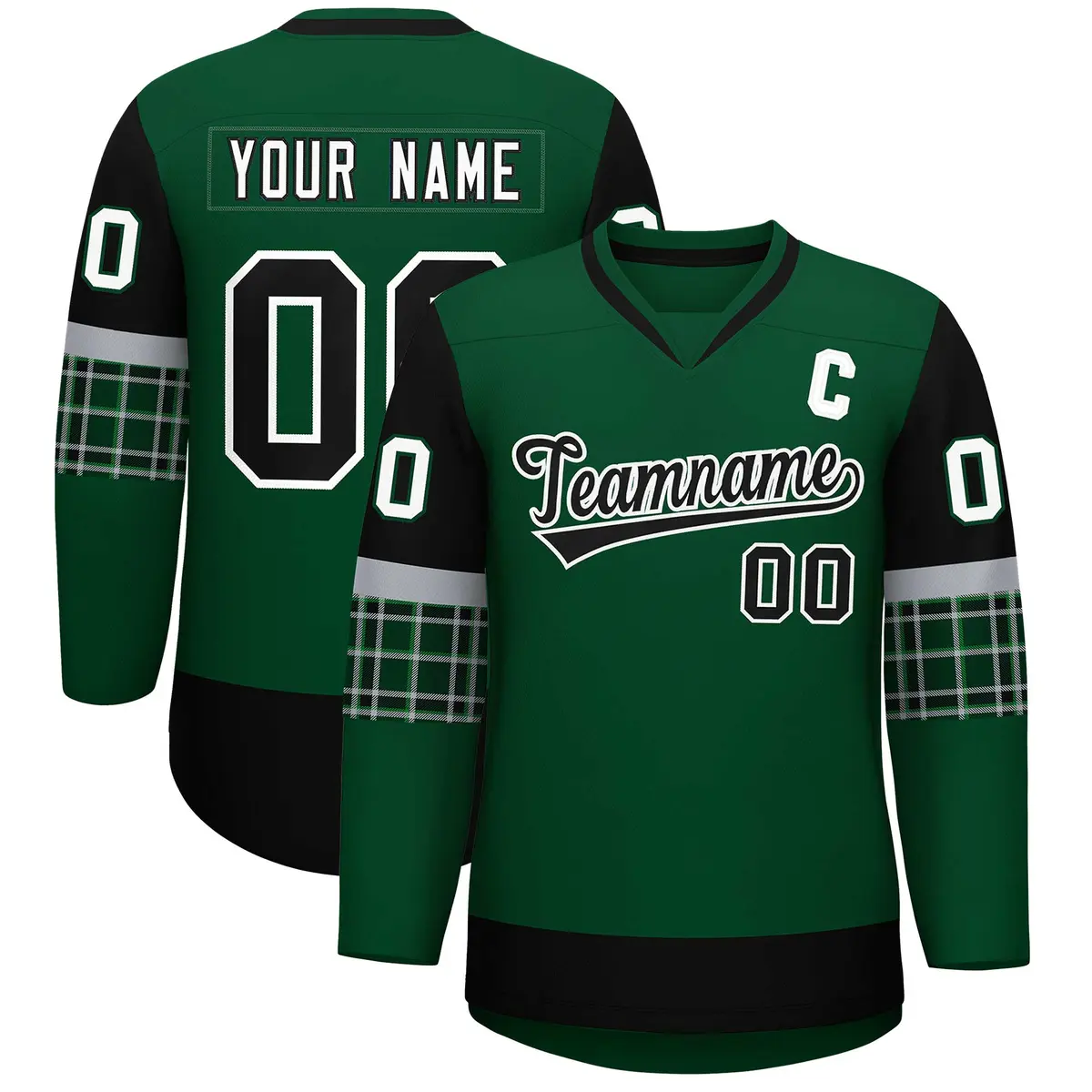 Green Black-White Raglan V-Neck Hockey Jersey