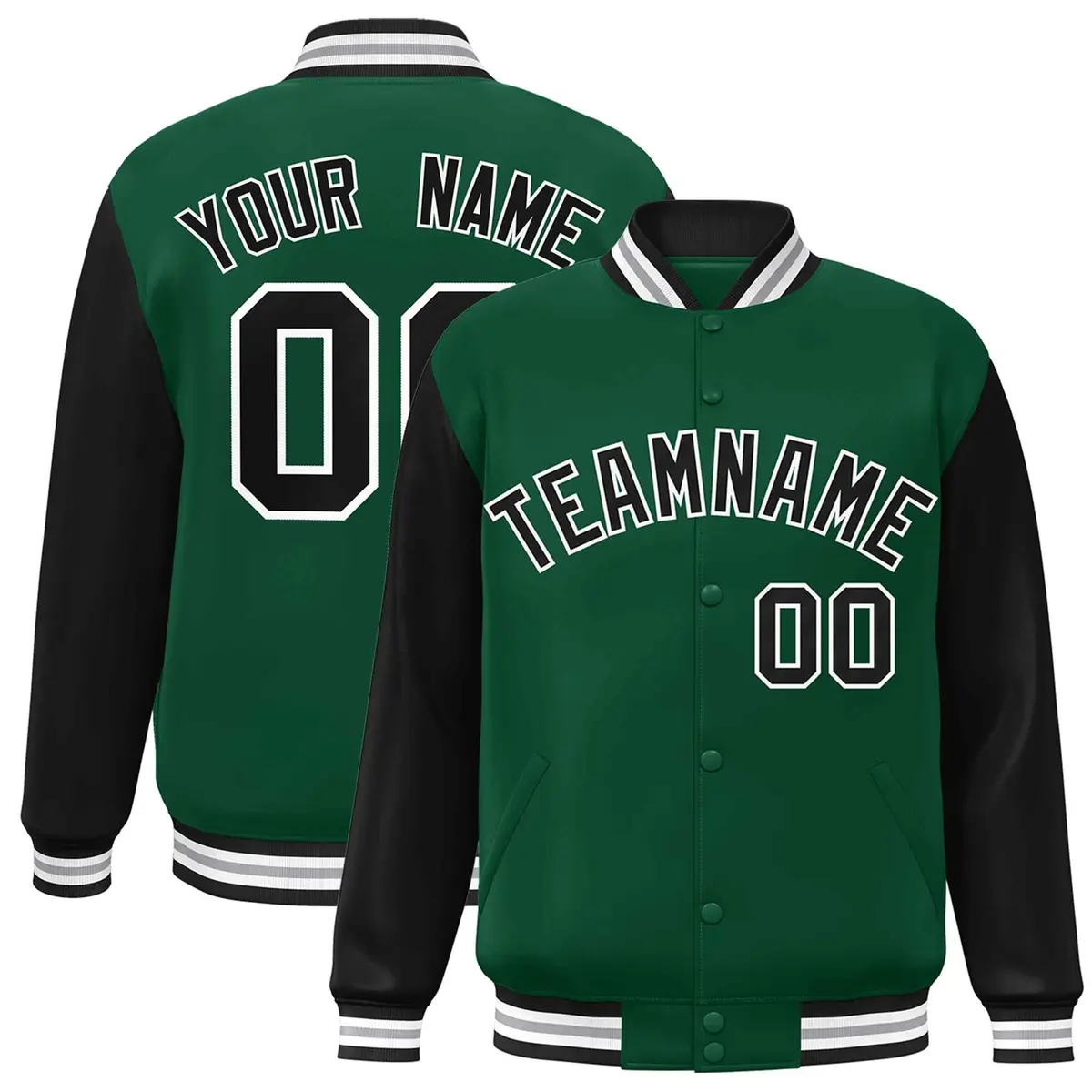 Green Black-White Raglan Varsity Full-Snap Letterman Jacket