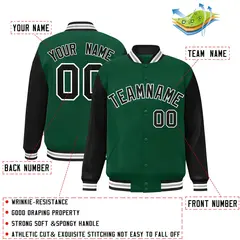 Green Black-White Raglan Varsity Full-Snap Letterman Jacket 2