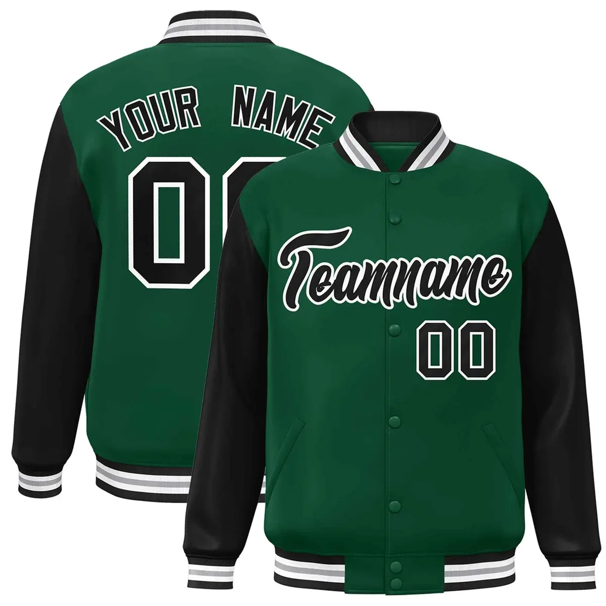 Green Black-White Raglan Varsity Full-Snap Letterman Jacket