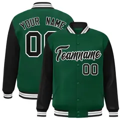 Green Black-White Raglan Varsity Full-Snap Letterman Jacket