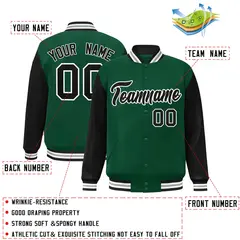 Green Black-White Raglan Varsity Full-Snap Letterman Jacket 2
