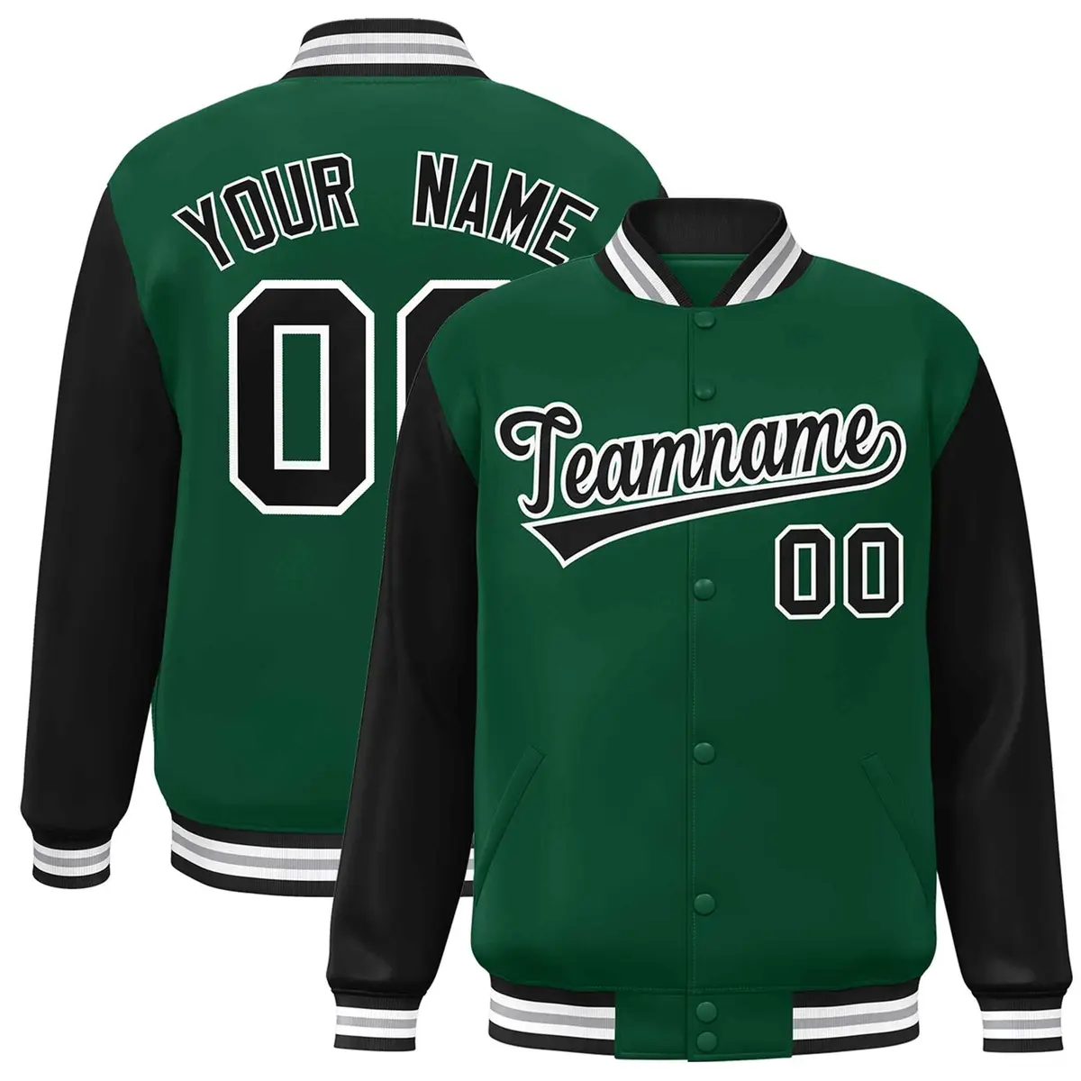 Green Black-White Raglan Varsity Full-Snap Letterman Jacket