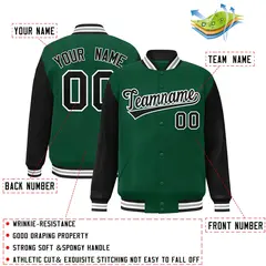 Green Black-White Raglan Varsity Full-Snap Letterman Jacket 2