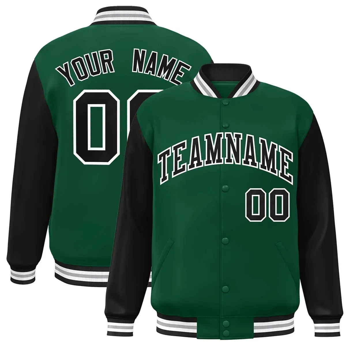 Green Black-White Raglan Varsity Full-Snap Letterman Jacket