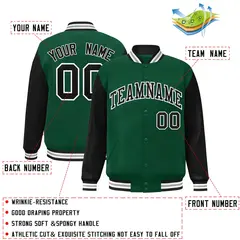 Green Black-White Raglan Varsity Full-Snap Letterman Jacket 2