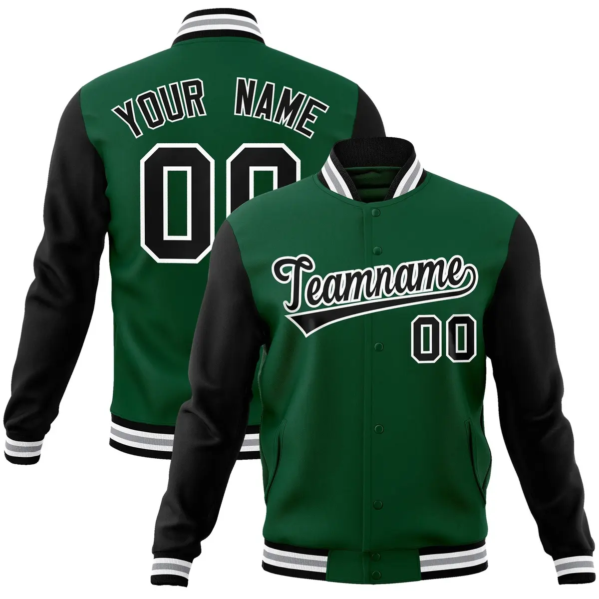 Green Black-White Raglan Varsity Full-Snap Letterman Jacket