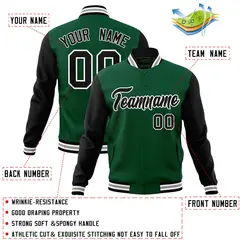 Green Black-White Raglan Varsity Full-Snap Letterman Jacket 4