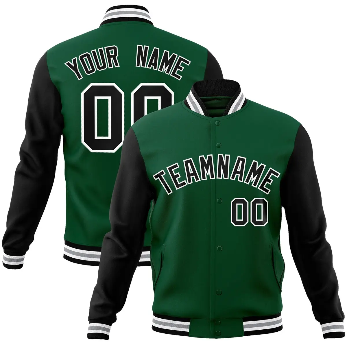 Green Black-White Raglan Varsity Full-Snap Letterman Jacket