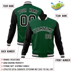 Green Black-White Raglan Varsity Full-Snap Letterman Jacket 4