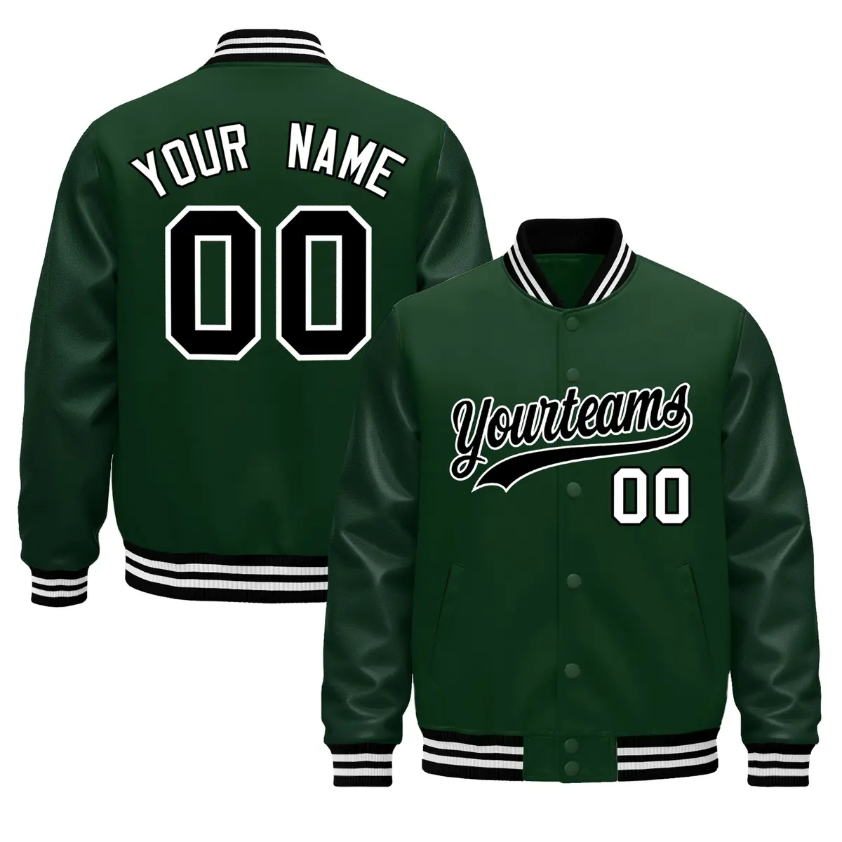 Green Black White Varsity Jacket with Faux Leather Sleeves