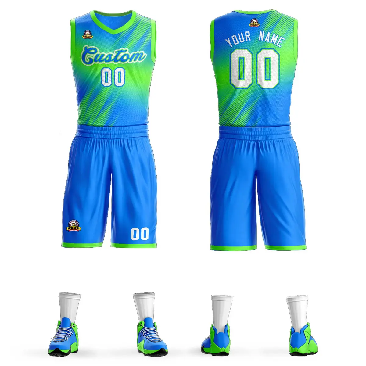 Green Blue-Green Gradient Slash Fashion Basketball Jersey