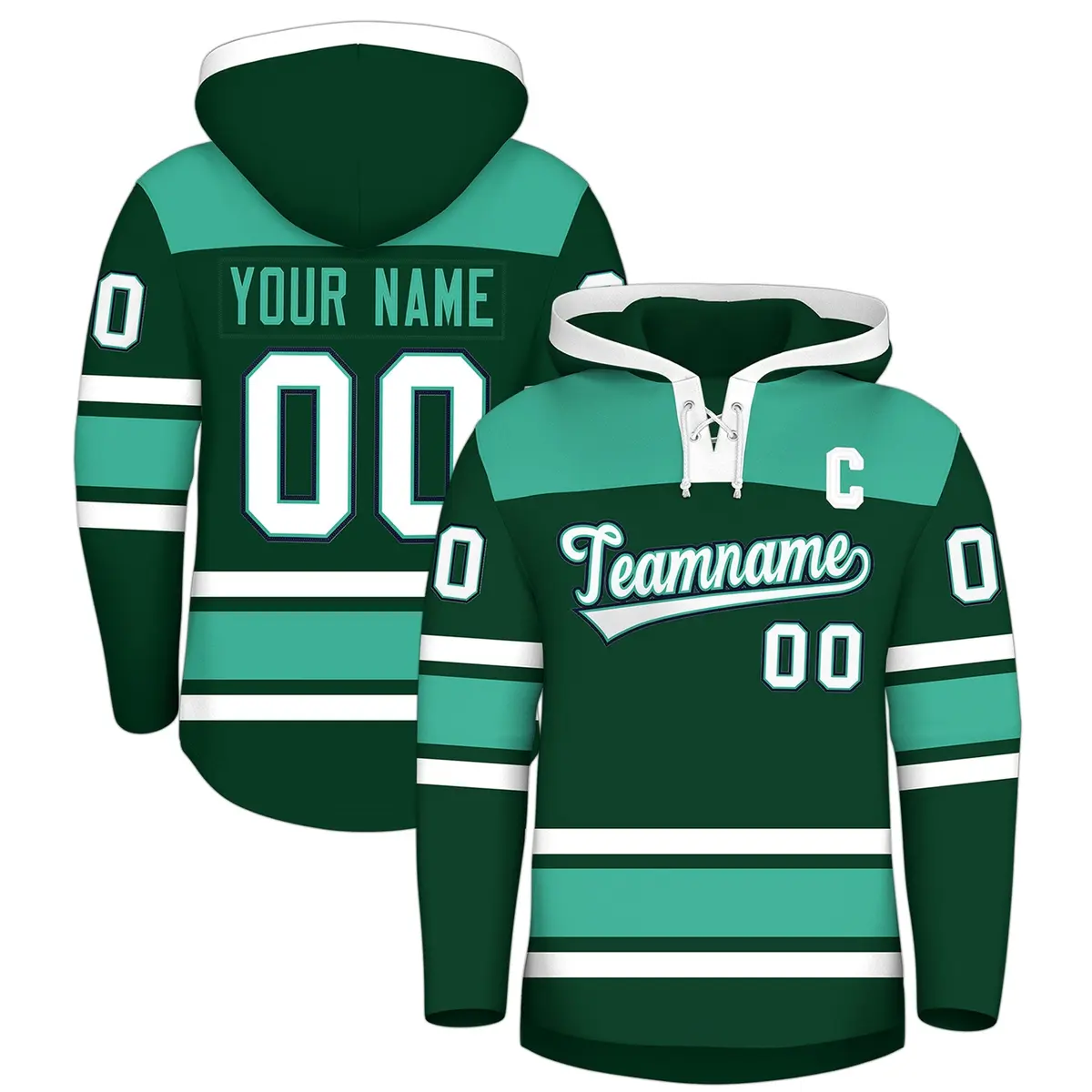Green Bright Green Raglan Lace-Up Neck Hockey Hoodie Jersey