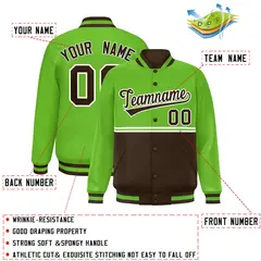 Green Brown Color Block Varsity Full-Snap Letterman Jacket 2