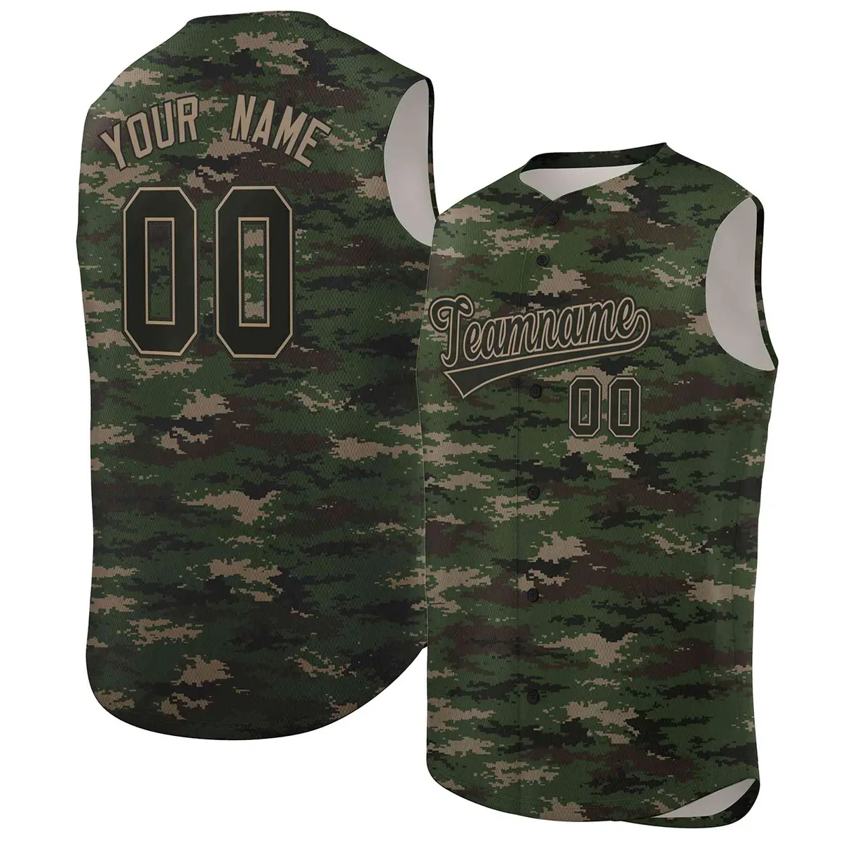 Green Brown-Khaki Camo Sleeveless Baseball Jersey